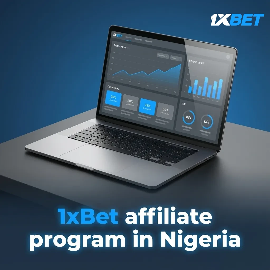 1xBet affiliate program in Nigeria webpage showing marketing tools, tracking links, reporting, commissions, and onboarding