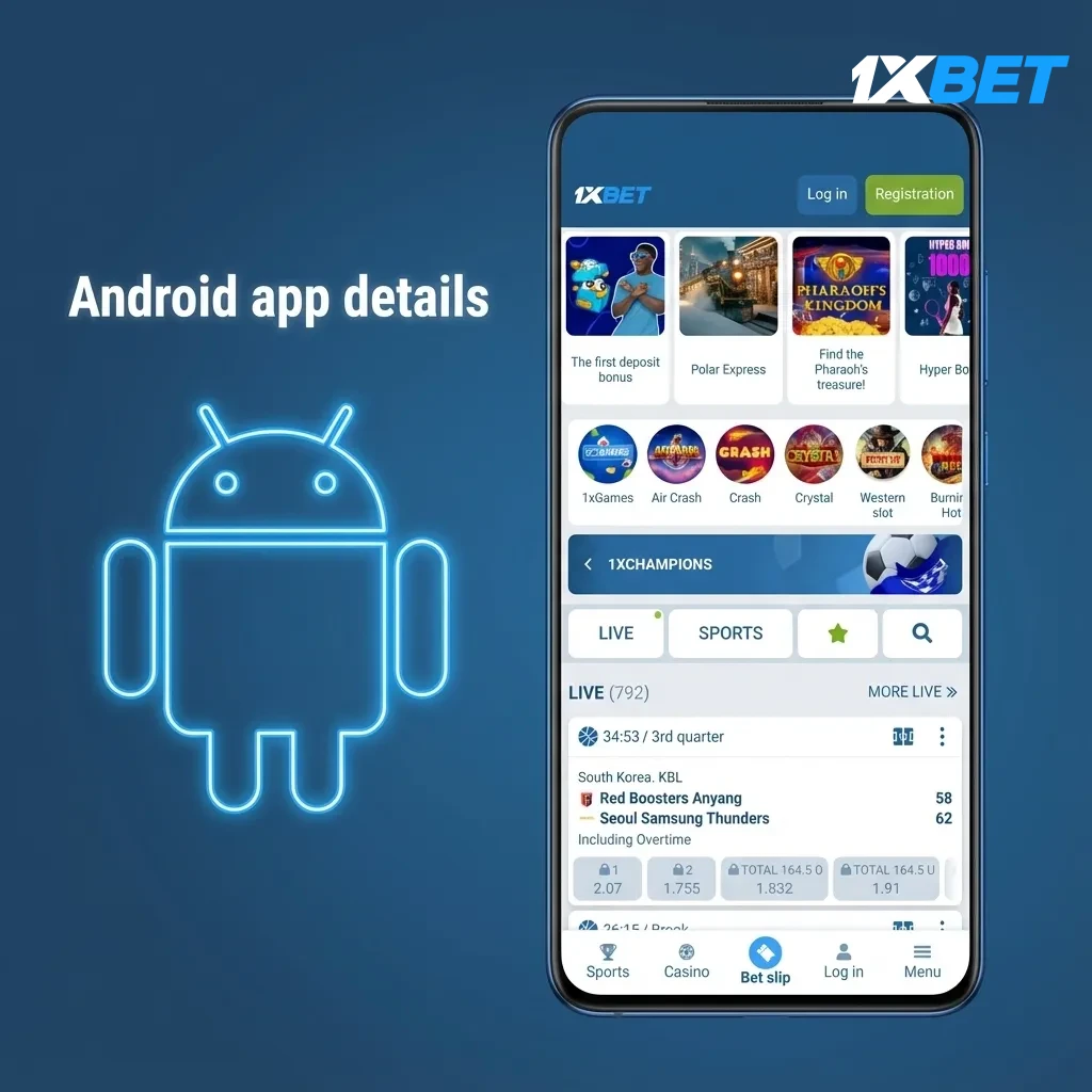 Android betting app details on a phone: supports Android 5.0+, quick odds, data-efficient; PKR currency and install steps.