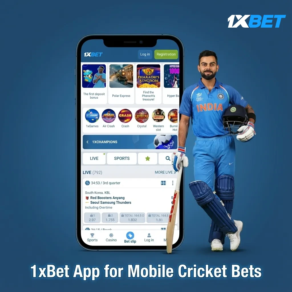 Smartphone showing 1xBet cricket betting app with live odds, cash out, and INR; Android and iOS download buttons visible.