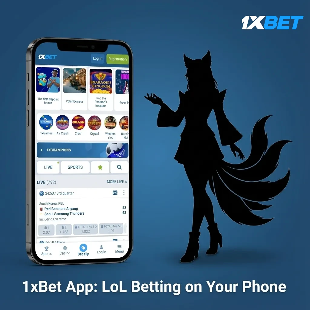 Phone screen with 1xBet app showing LoL betting markets, BDT wallet, and live odds and stats.