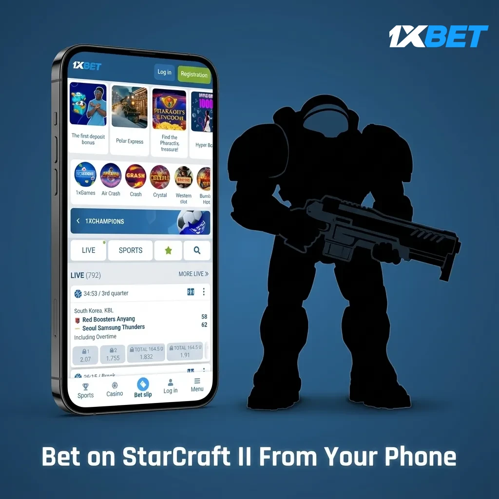 Infographic showing steps to bet on StarCraft II via 1xBet mobile app, from download to live in-play updates.