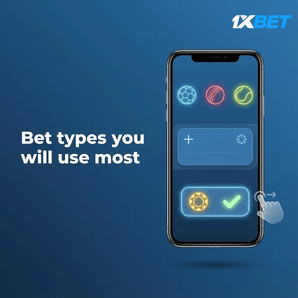 Infographic: 1xBet bet types—Single, Express, System—explaining payouts, combined odds, and partial wins in accumulators.