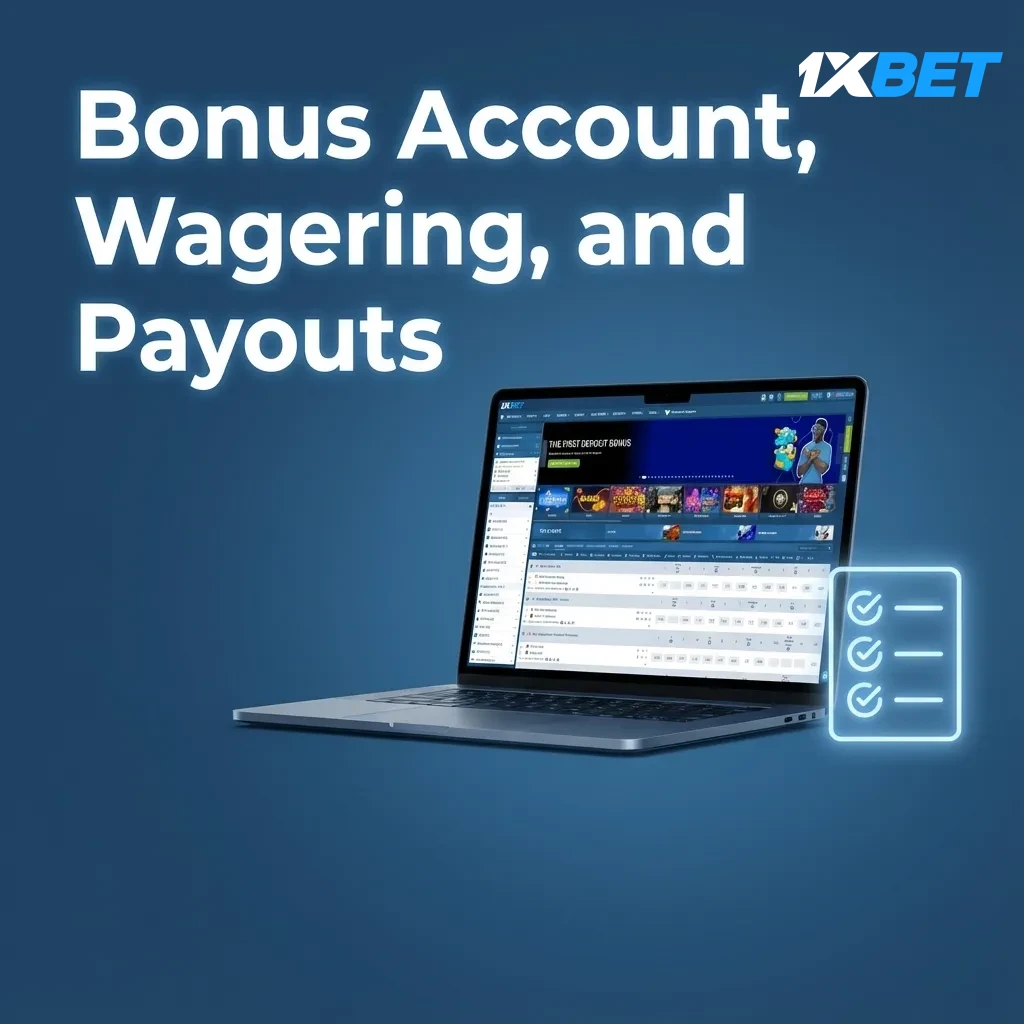 Graphic showing 1xBet bonus wallet with separate balances, wagering progress, time limit, and payout conditions