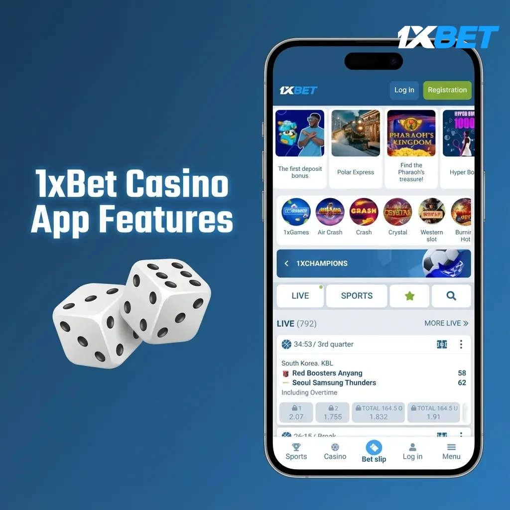 1xBet casino app home screen: one-tap switch, popular tables, live dealer rooms, slots, and promos.