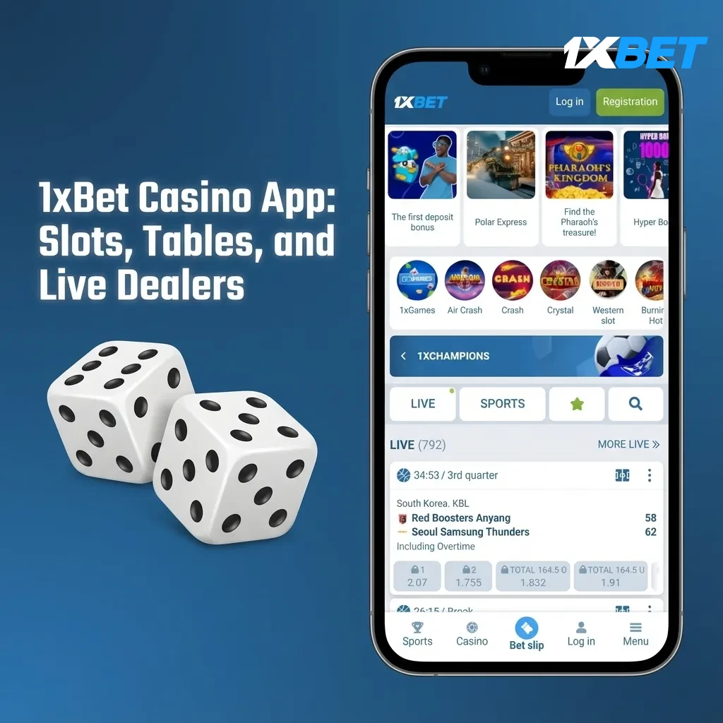 1xBet Casino app with slots, table games, live dealers, and promos; titles from Pragmatic Play, Evolution, and Play'n GO.