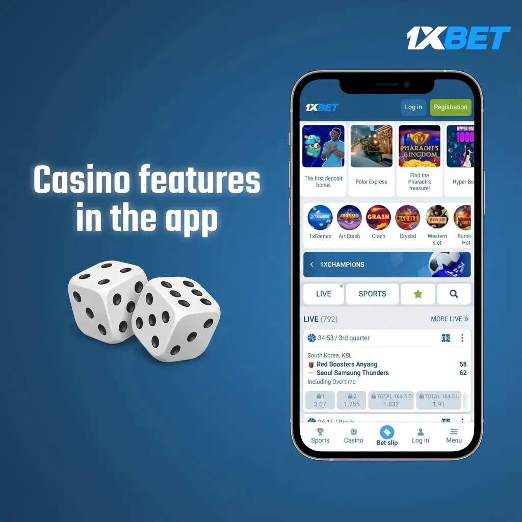 App home screen showing casino hub with slots, jackpots, table games, live dealers, chat, and promos for free spins.