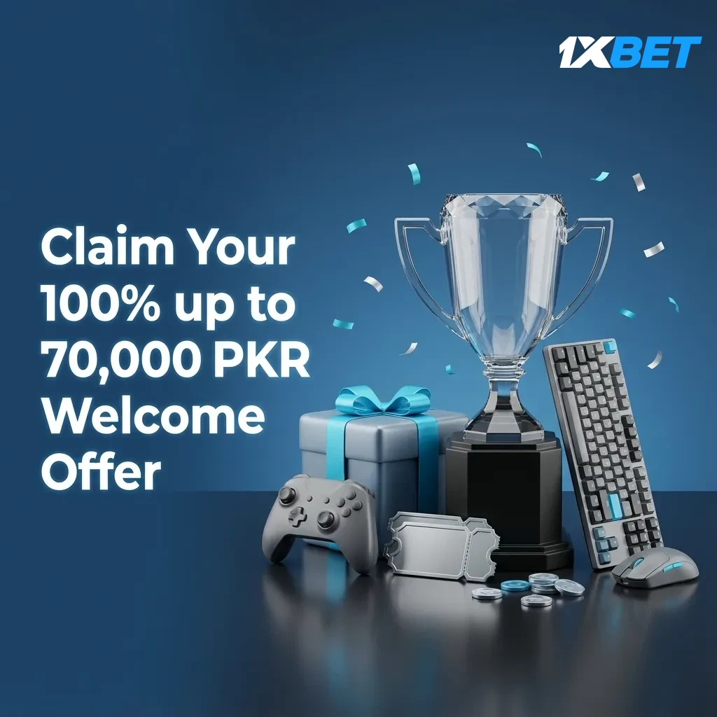 1xBet Pakistan banner: 100% welcome bonus up to 70,000 PKR for StarCraft II betting, with steps to claim.