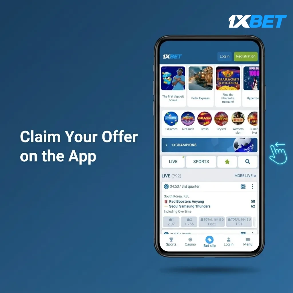 1xBet app on phone showing steps to claim welcome bonus: install, register, enable bonuses, deposit, start betting/playing