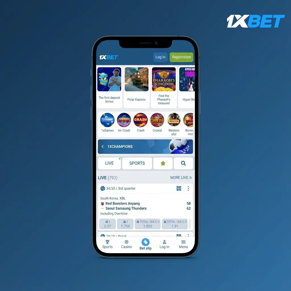 1xBet PWA interface with bottom navigation, quick filters, and one-tap switch between sports and casino.