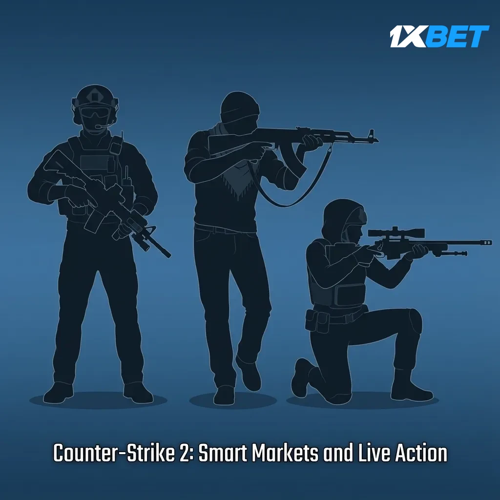Counter-Strike 2 betting dashboard showing live odds, pre-match markets, and updates from 1xBet for major CS2 tournaments.