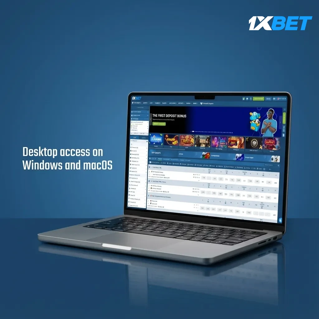 Official betting website on Windows and macOS desktops, showing betting, account management, and live stats features.