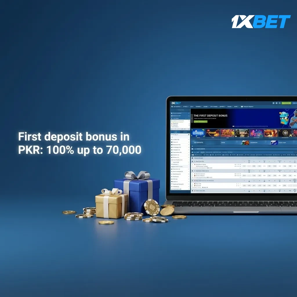 First deposit bonus 100% up to PKR 70,000. Min deposit PKR 200. Sports default, 5x wagering in 30 days. Casino option.