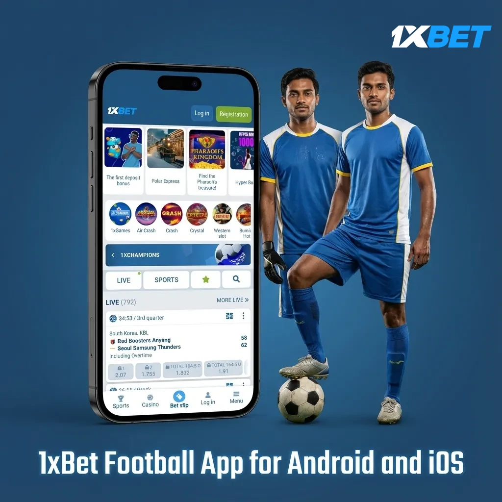 Mockups of the 1xBet football app on Android and iOS, showing live odds, stats, bet slip, and in-play alerts.