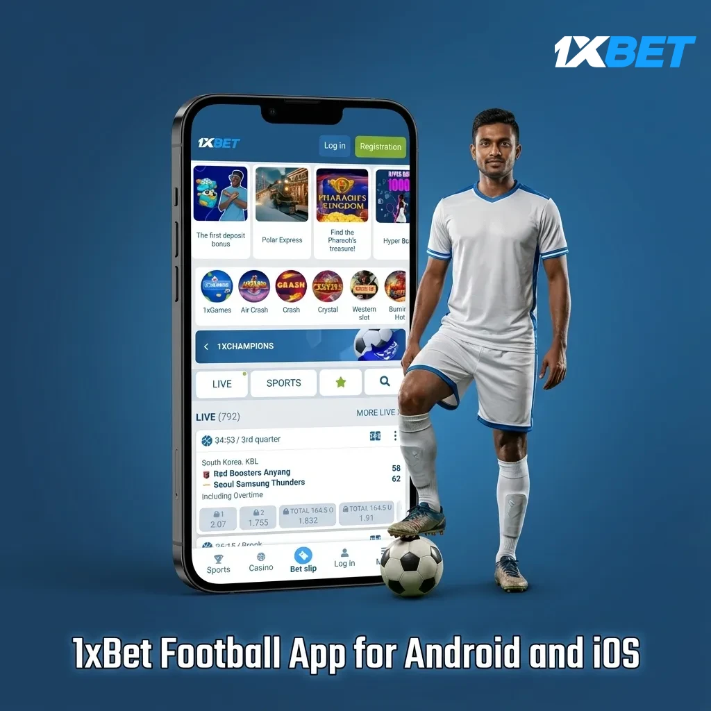 1xBet football betting app on Android and iOS phones with live match center, markets, cash out, and push notifications.