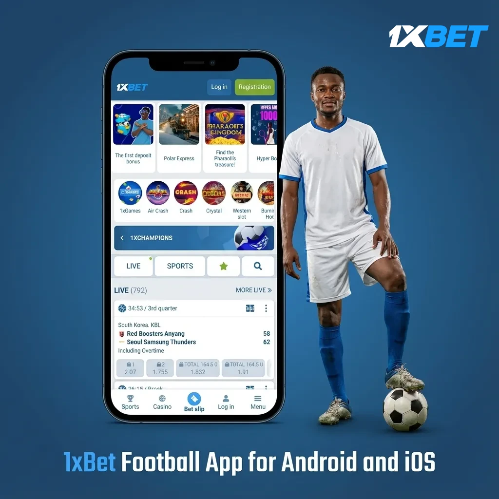 Phones showing 1xBet Football app on Android and iOS with live odds, Cash Out, Quick Bet, goal alerts, data‑friendly UI