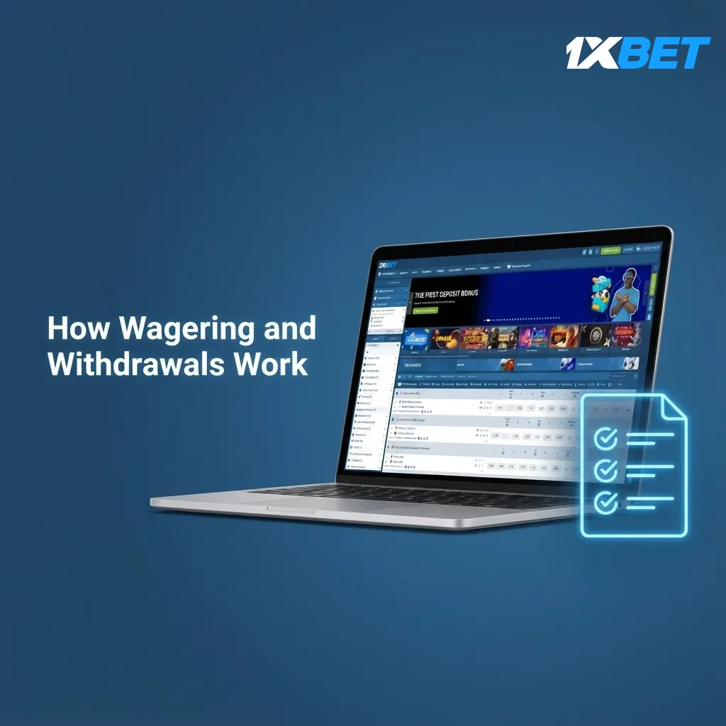 Infographic on 1xBet bonus vs cash accounts, wagering targets, eligible bets, odds/time limits, and withdrawal process.