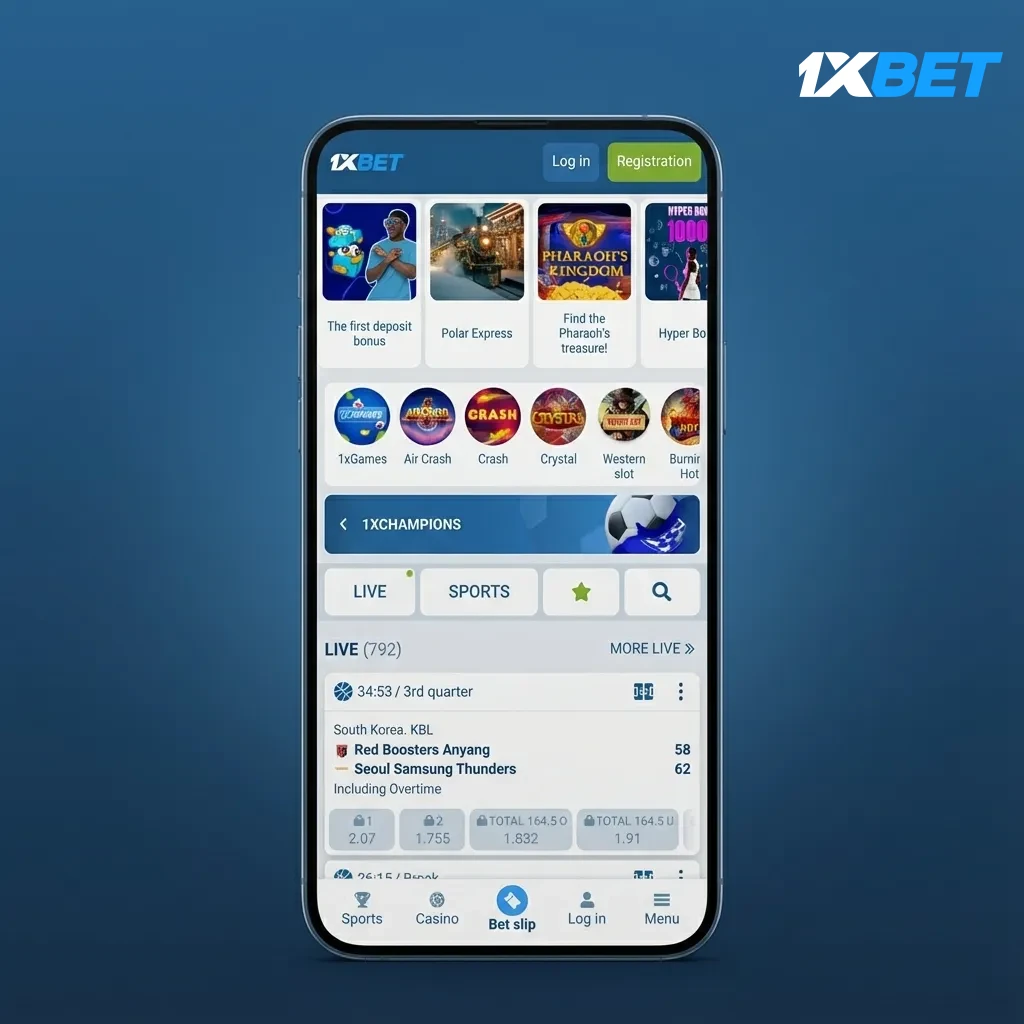 1xBet app interface with clean icons; Bet Slip, Deposit, Live, and one-tap Sports/Casino switch, designed for one-hand use.