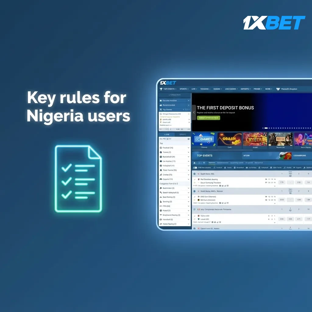 Infographic: Key rules for Nigeria users: 18+, one verified account, wager bonuses before withdrawal, account-holder payments.