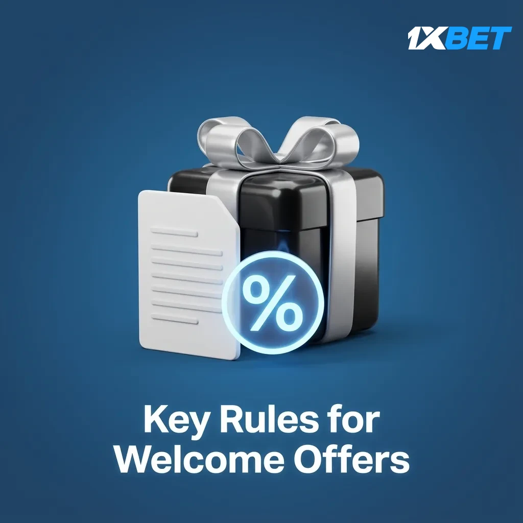 Infographic of 1xBet welcome offer rules: new customers only, select bonus before first deposit, meet wagering requirements.