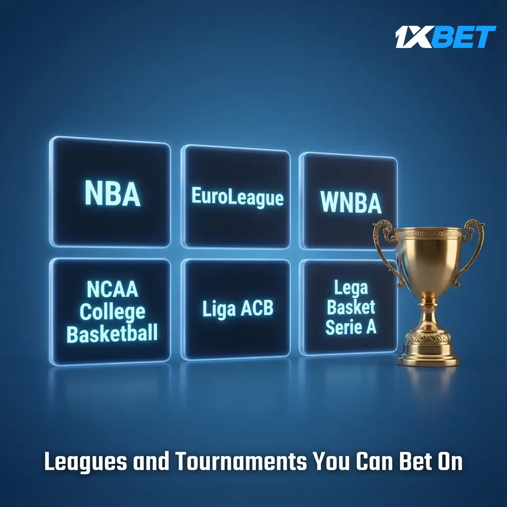 Graphic listing basketball betting leagues: NBA, EuroLeague, FIBA, NCAA, ACB, BSL, CBA; pre-season to playoffs.