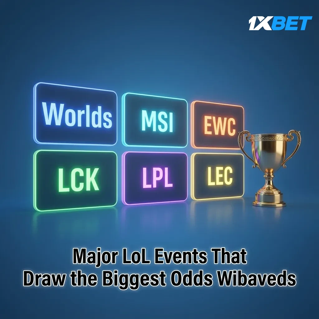 Major LoL events with betting odds: Worlds, MSI, EWC, LCK, LPL, LEC; check schedule for live and upcoming matches.