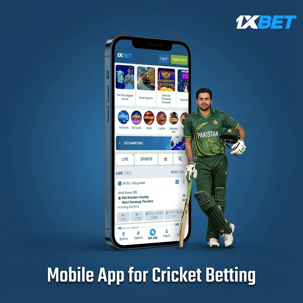 Two phones showing the 1xBet cricket app on Android and iOS with live odds, bet slip, Cash Out, and PKR payments.