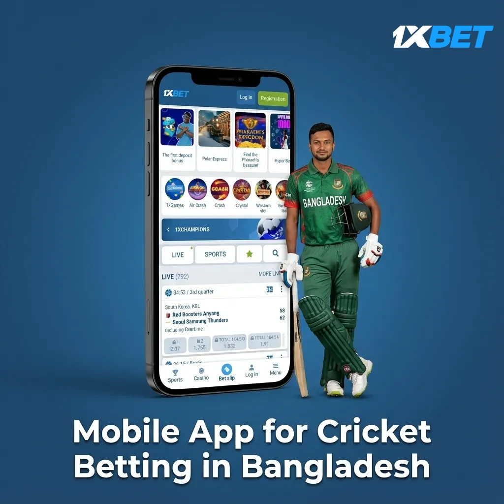 Smartphone screens showing 1xBet cricket betting app in Bangladesh with Android/iOS setup, live odds, and bKash payments.