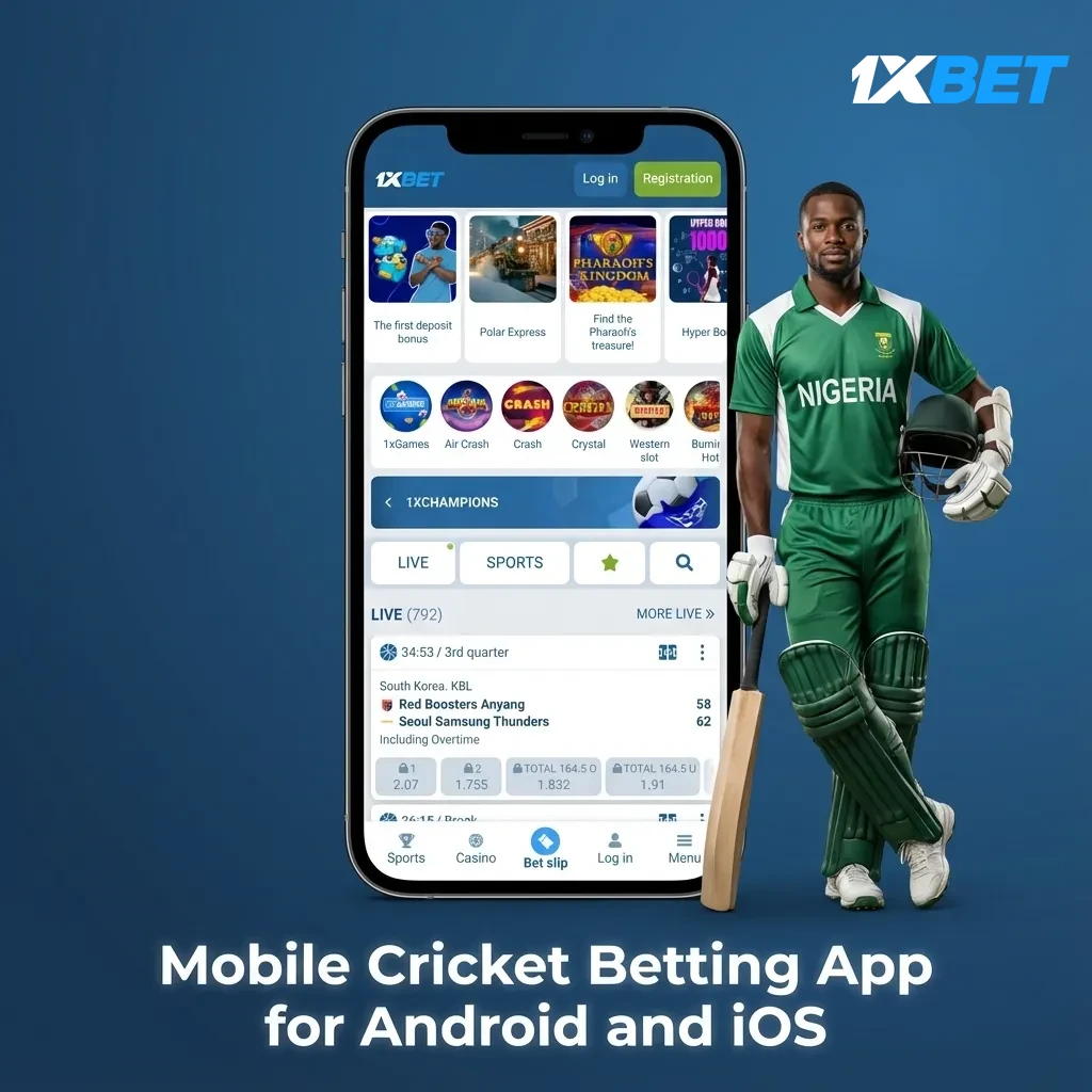 Android and iOS phones displaying 1xBet cricket betting app with pre‑match and live markets in Nigeria.