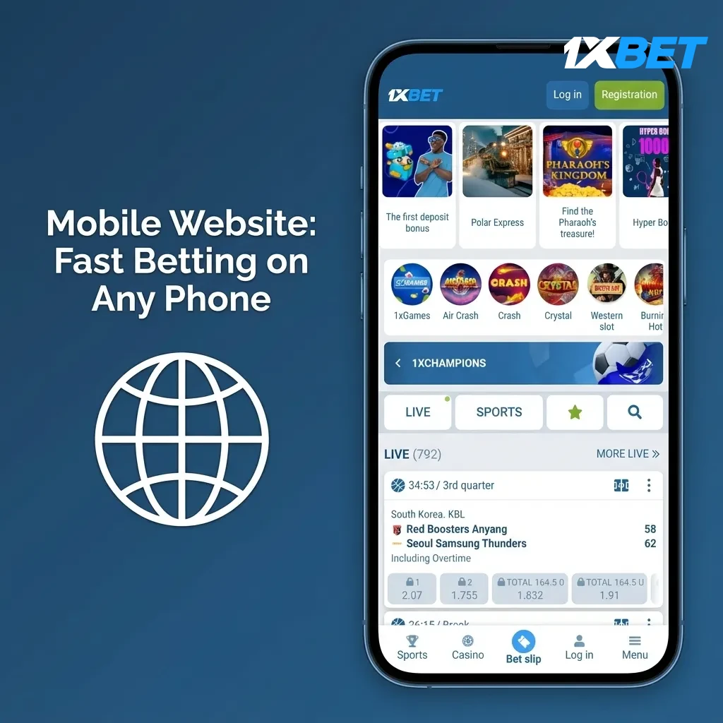 Phone showing fast mobile betting site: live bets, casino, payments, chat; one-hand nav; works on any phone.