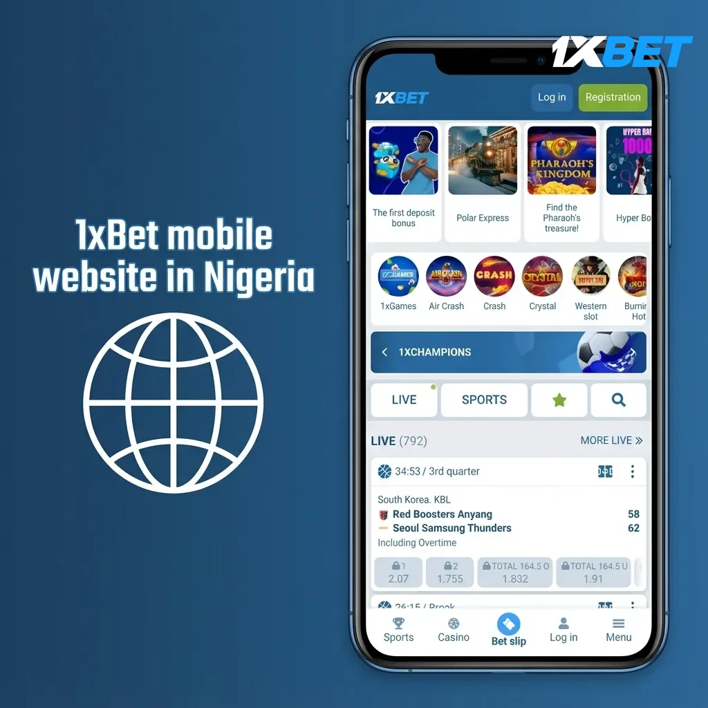 Smartphone showing 1xBet mobile site in Nigeria with bet slip, odds, markets, quick login, light data use in browser.