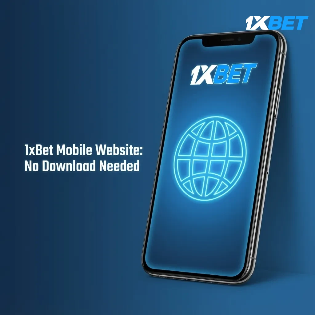 Smartphone showing 1xBet mobile site with live betting, casino, payments, and account tools; no app download needed.