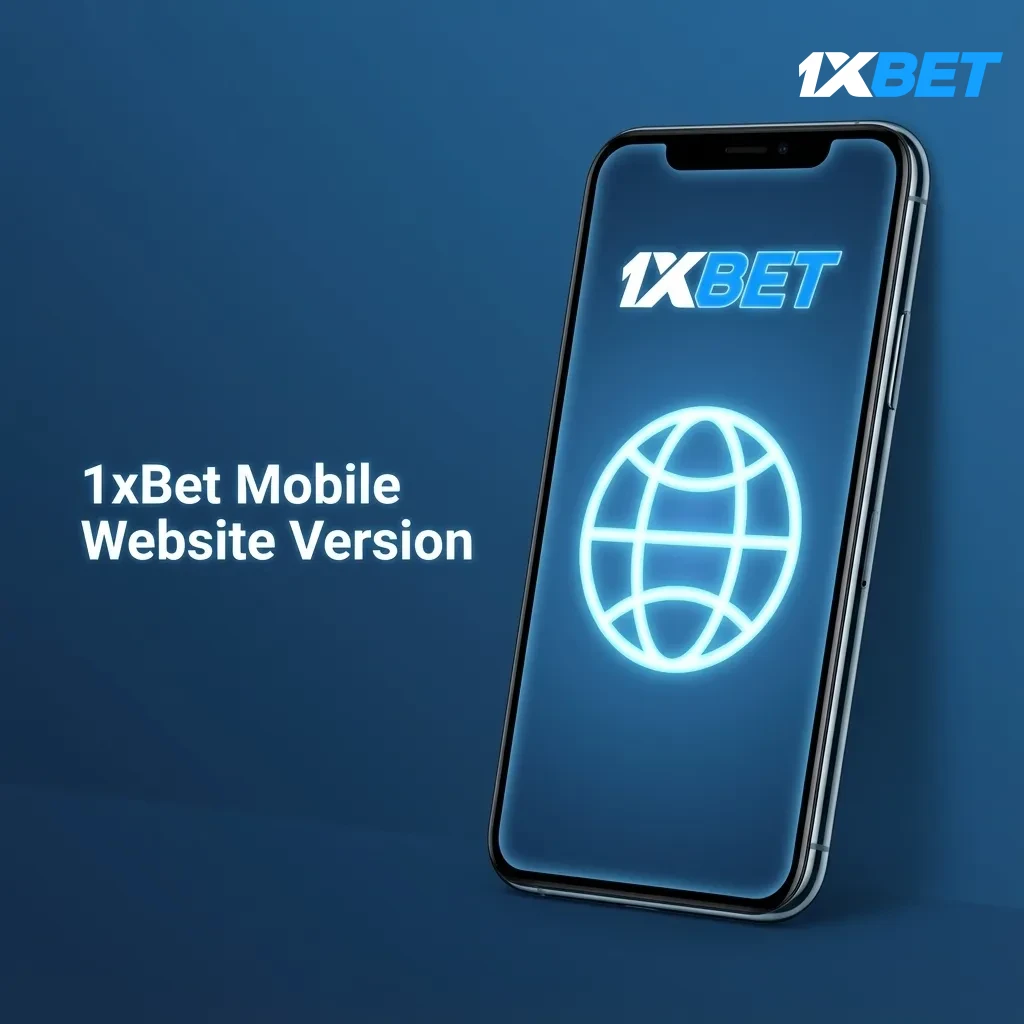 Smartphone showing 1xBet mobile website with live odds, casino, payments, and support; no app download required.