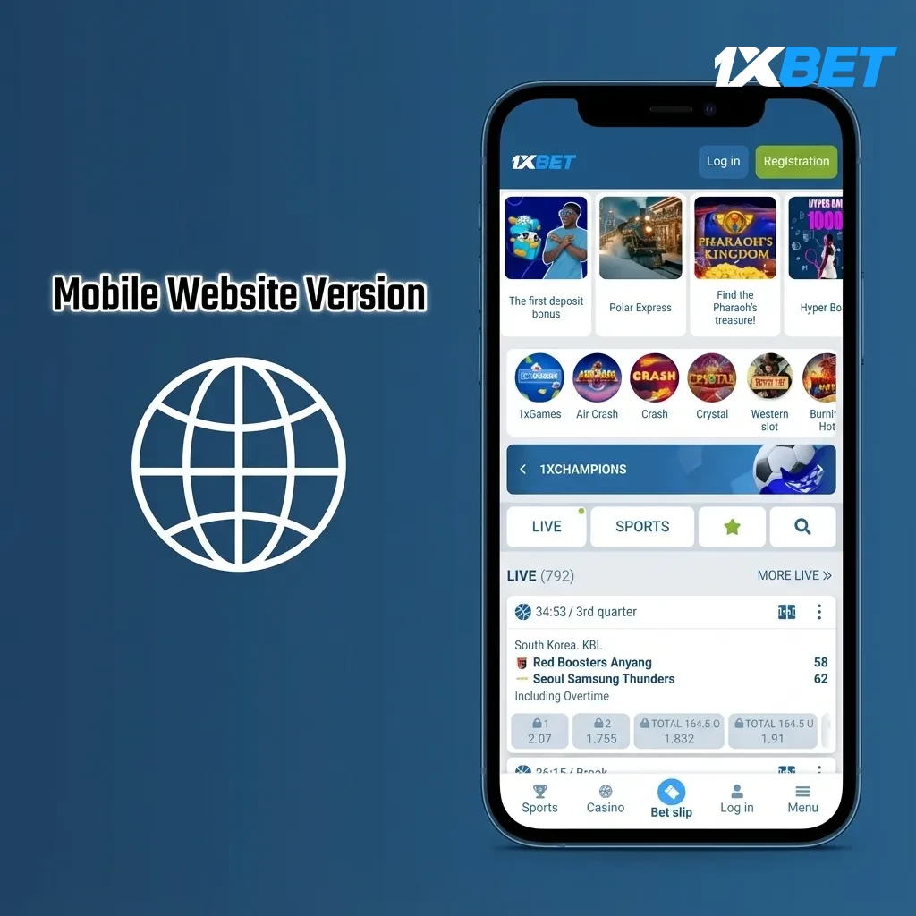 Phone showing mobile site with live odds, bet slip, deposits, alerts; fast, no install; iOS/Android, add to home screen.