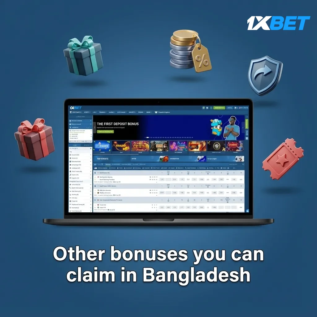 Bangladesh 1xBet bonuses: sports reloads, accumulator boosts, free bets/insurance, casino promos. Check terms.