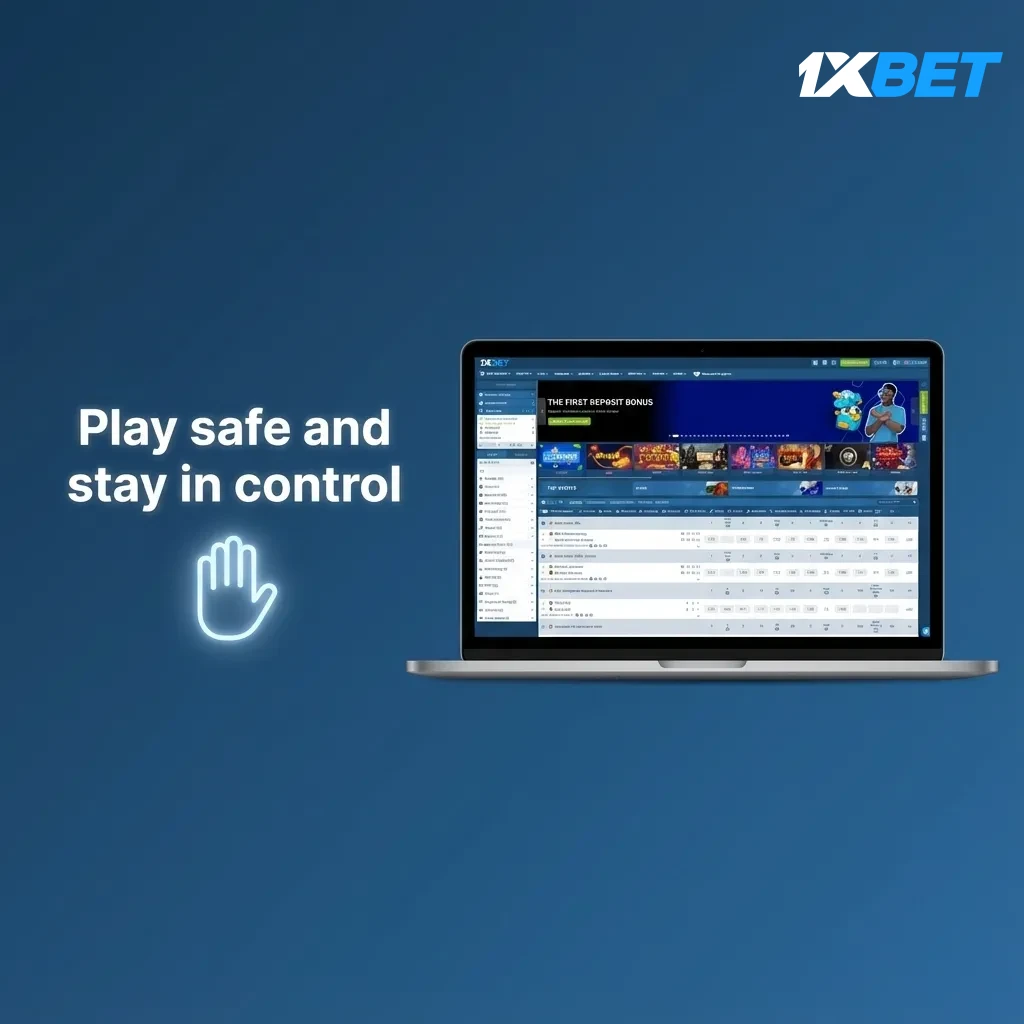 Responsible betting banner: 'Play safe and stay in control' with icons for limits, time, budget, and self‑exclusion.