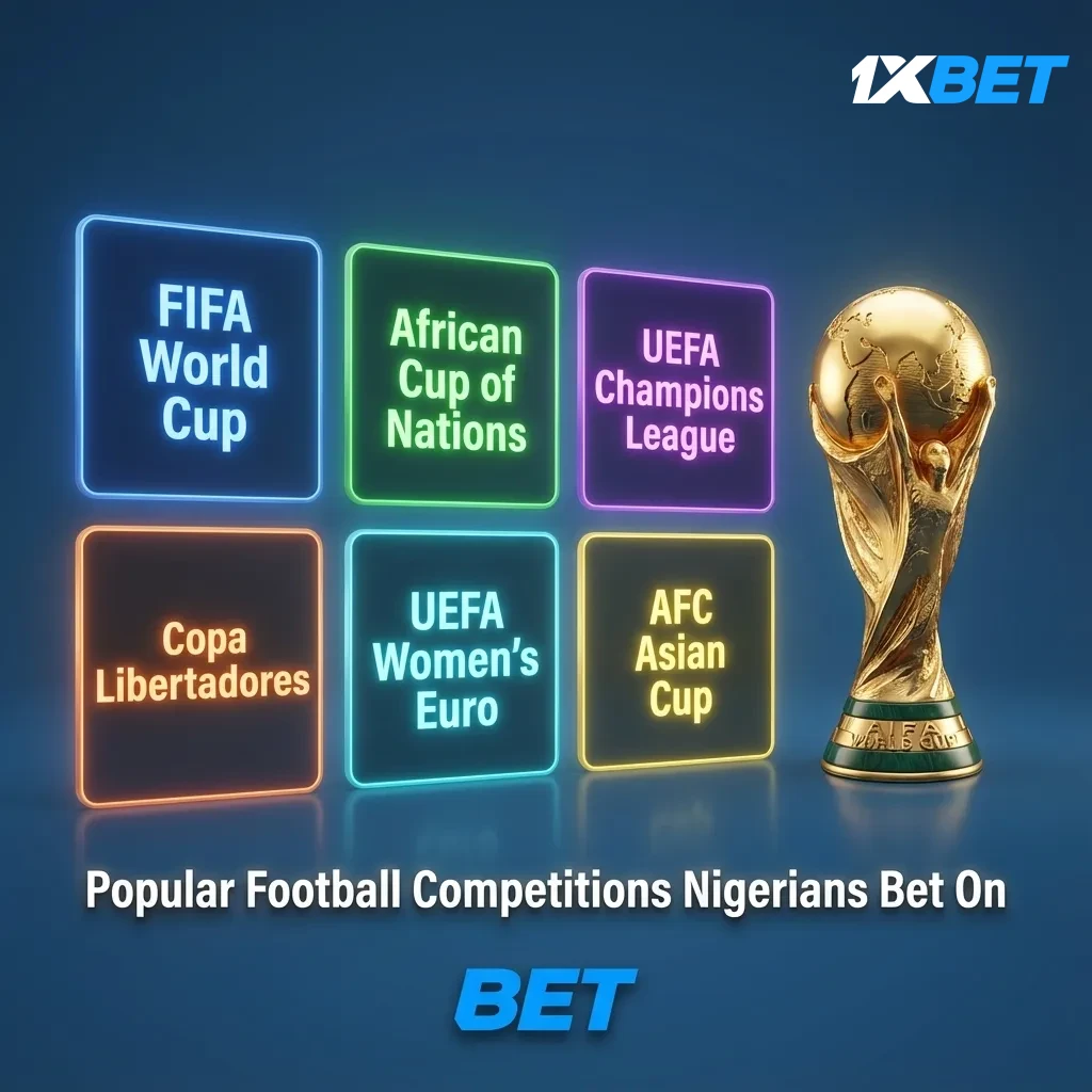 Collage of popular football competitions Nigerians bet on: World Cup, AFCON, UCL, EPL, NPFL, with live odds visuals.