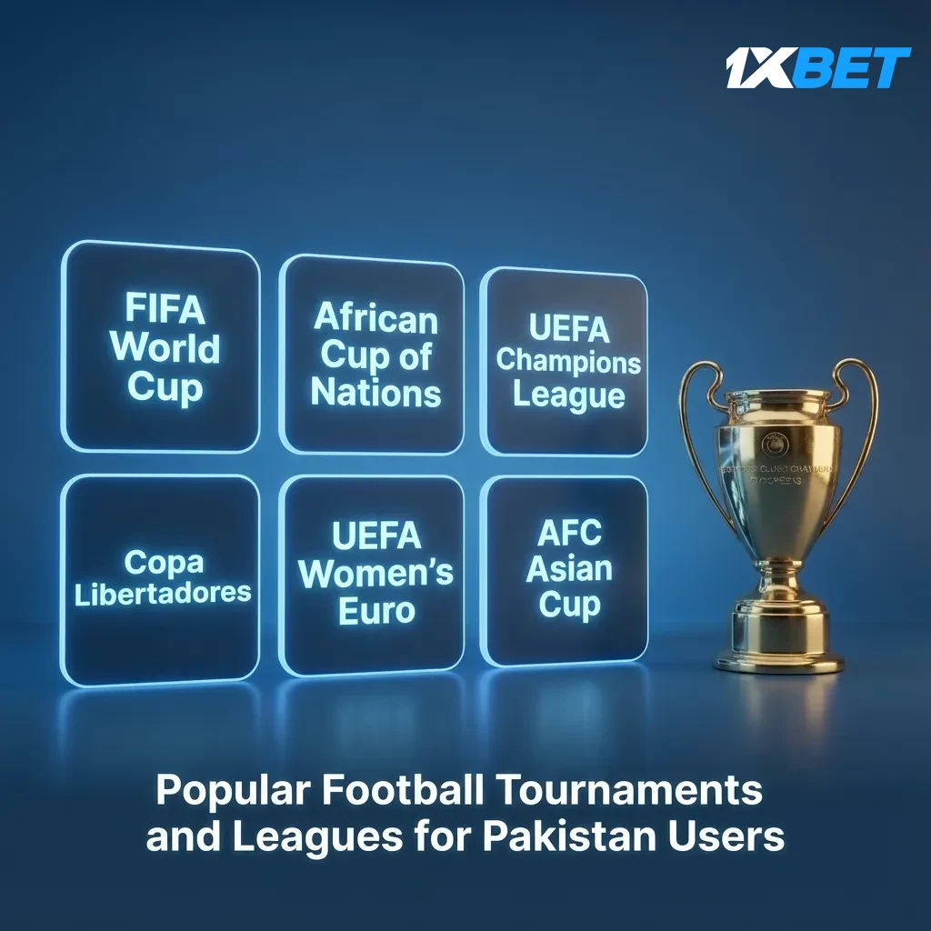 Graphic of football tournaments for Pakistani users: FIFA World Cup, UCL, EPL, AFC, and Pakistan Premier Football League.