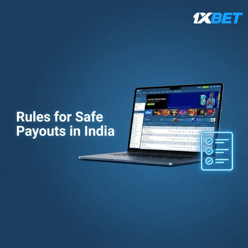 Infographic: India payout rules—KYC (PAN/Aadhaar), same-name method, wager once, bonus wagering, limits; 1xBet min ₹1,000.