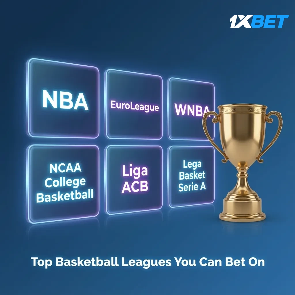 Top basketball leagues to bet on at 1xBet: NBA, EuroLeague, NCAA, FIBA, ACB, BSL, NBL; moneyline, spread, totals, props.