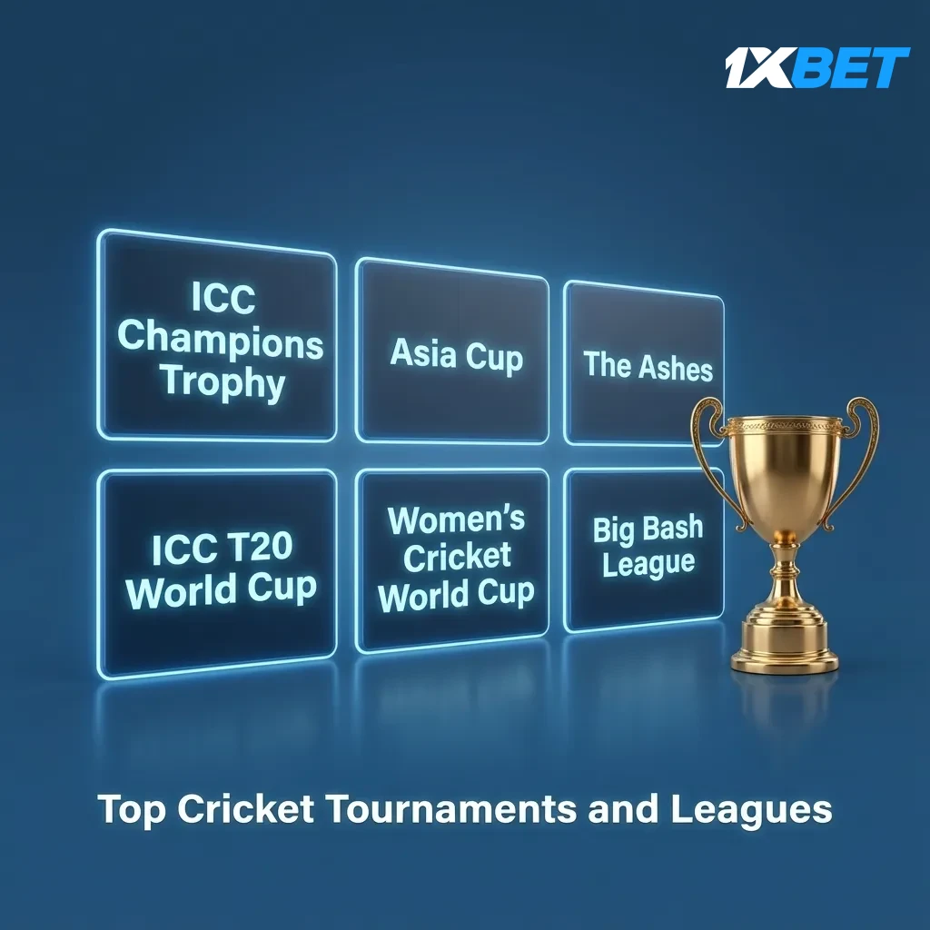 Graphic of top cricket tournaments: ICC World Cup, T20, Ashes, IPL, BPL with live odds and markets for Bangladesh bettors.