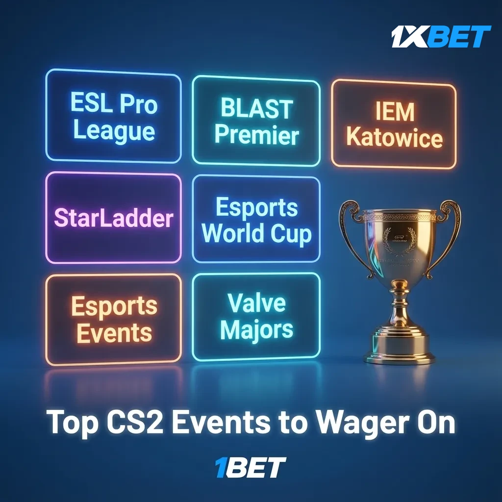 Graphic listing top CS2 events to bet on: Valve Majors, ESL Pro League, BLAST, IEM Katowice & Cologne, EWC, StarLadder