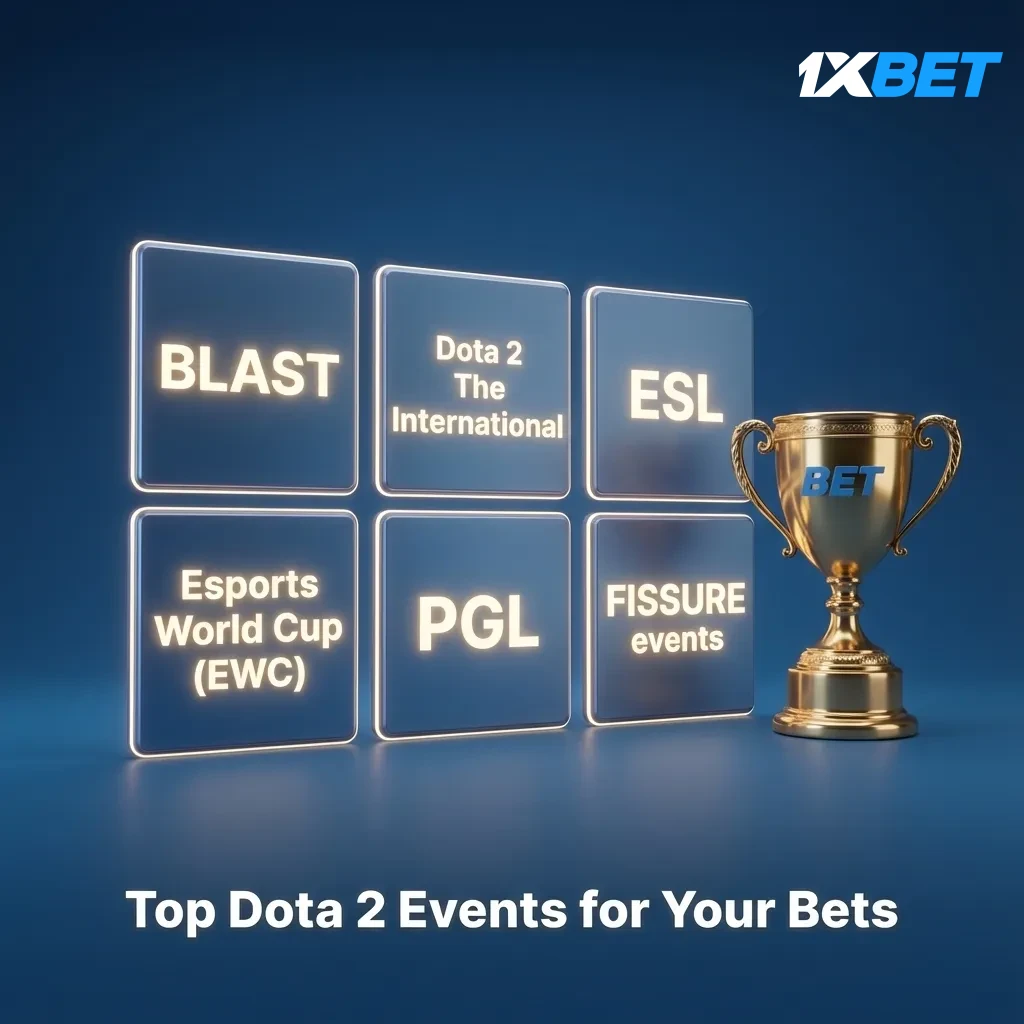 Graphic listing top Dota 2 betting events: The International, BLAST, ESL, Esports World Cup, PGL, and FISSURE.