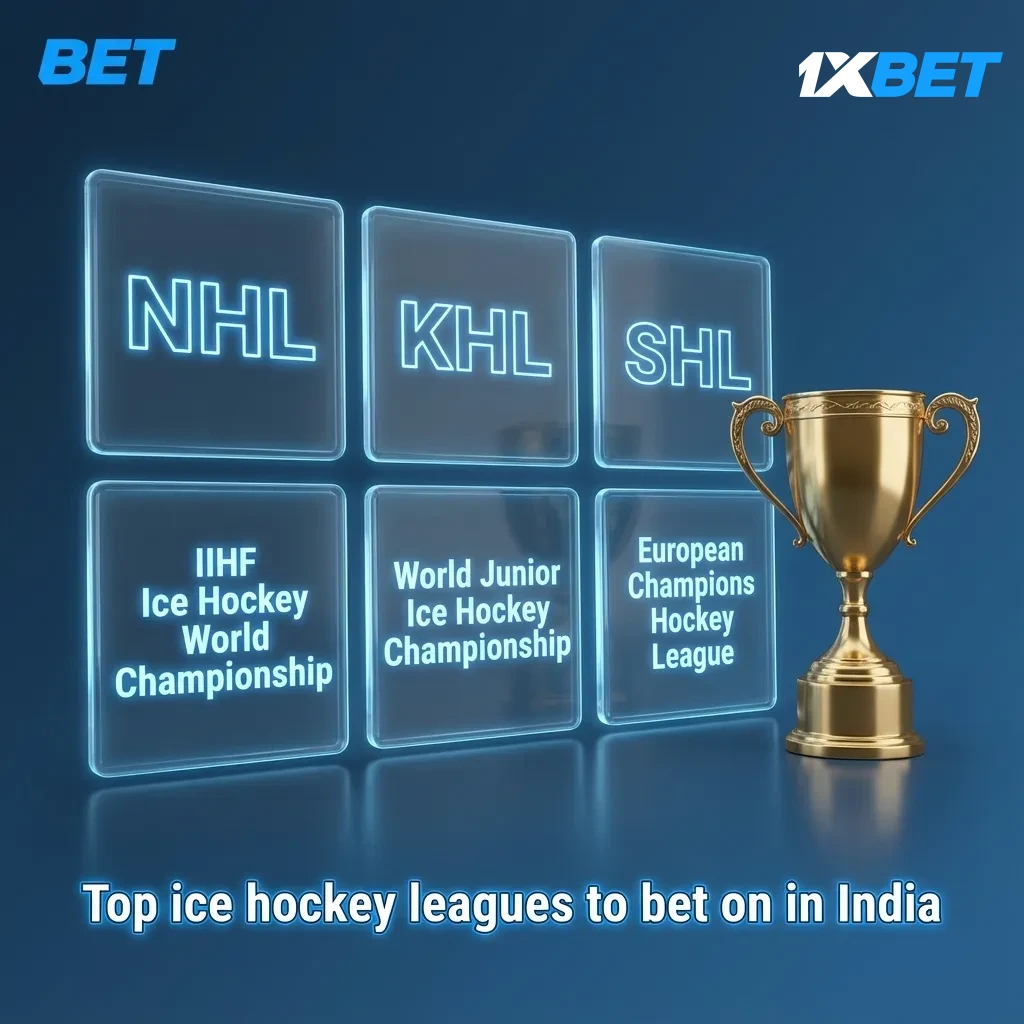 Graphic of top ice hockey leagues to bet on in India: NHL, KHL, SHL, Liiga, DEL, CHL, IIHF, with betting markets.