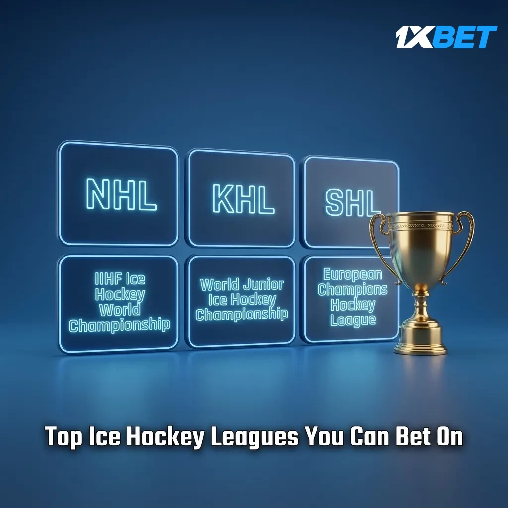 Graphic of top ice hockey leagues to bet on: NHL, KHL, IIHF Worlds, CHL, SHL, Liiga, AHL; odds open early, markets expand.