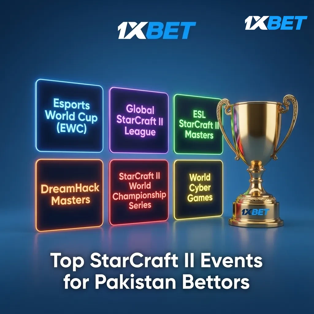 Graphic of top StarCraft II events for Pakistan bettors: EWC, GSL, ESL Masters, IEM Katowice, TSL, HomeStory Cup, WTL.