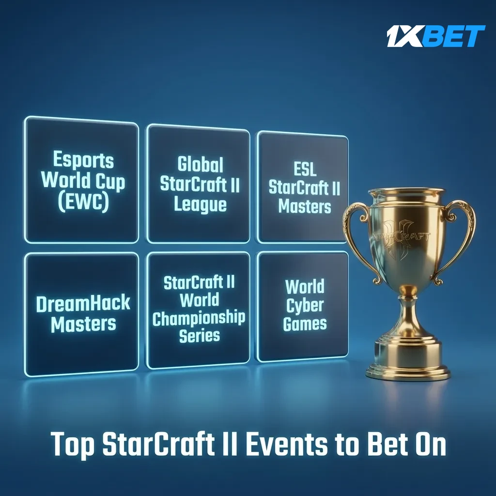 Top StarCraft II betting events: Esports World Cup, GSL, ESL Pro Tour, IEM Katowice, TSL, HomeStory Cup, WTL.