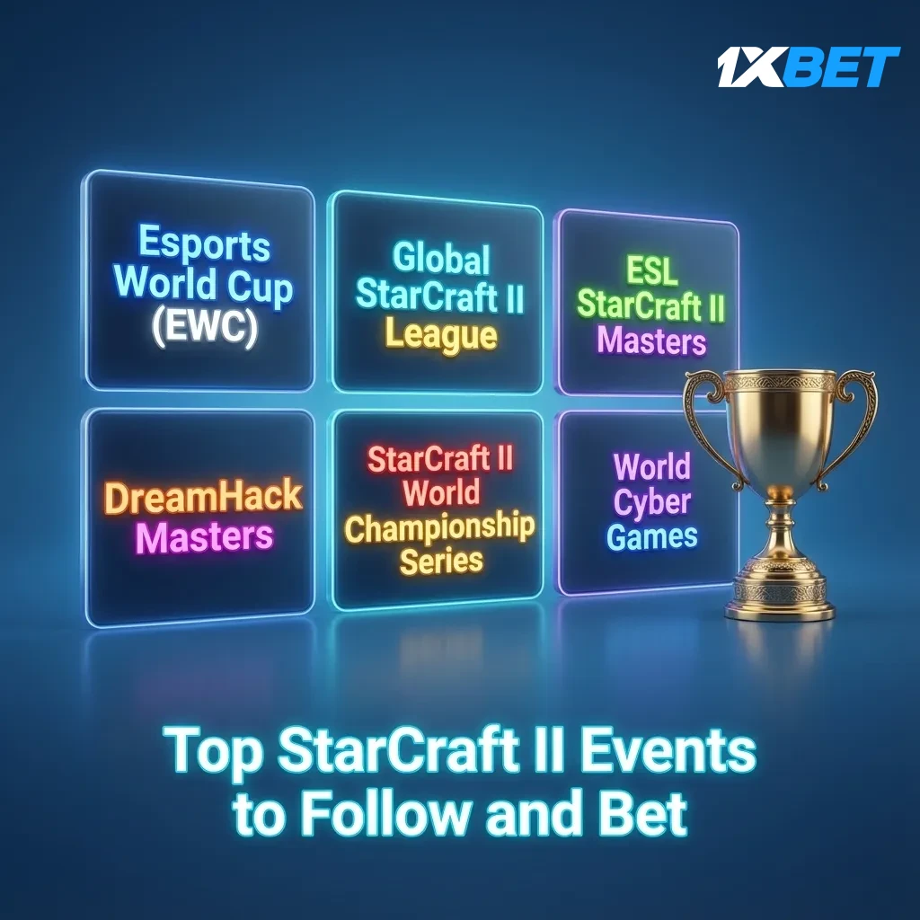 Graphic listing top StarCraft II events for betting: EWC, GSL, ESL Masters, IEM Katowice, GSL Super, TSL, WTL.