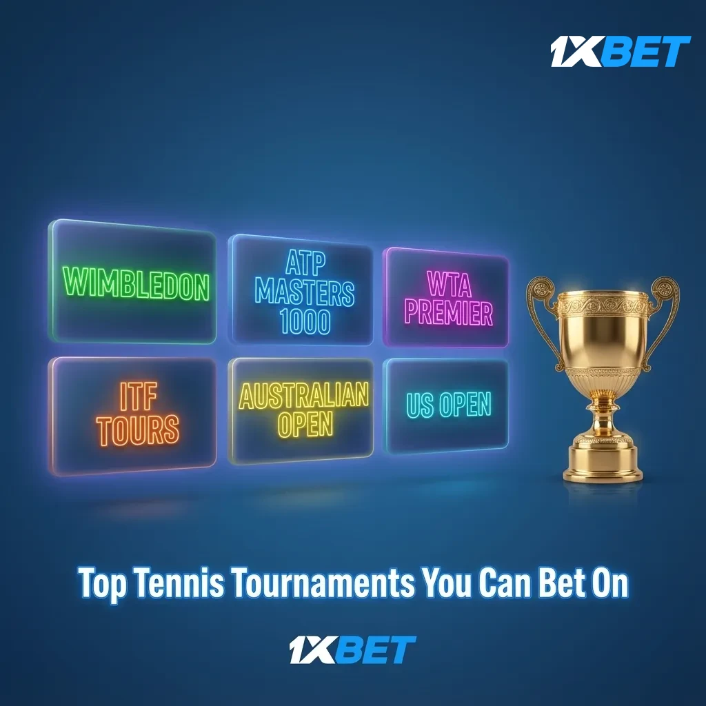Graphic of top tennis tournaments to bet on: Australian Open, Roland-Garros, Wimbledon, US Open, ATP/WTA events.