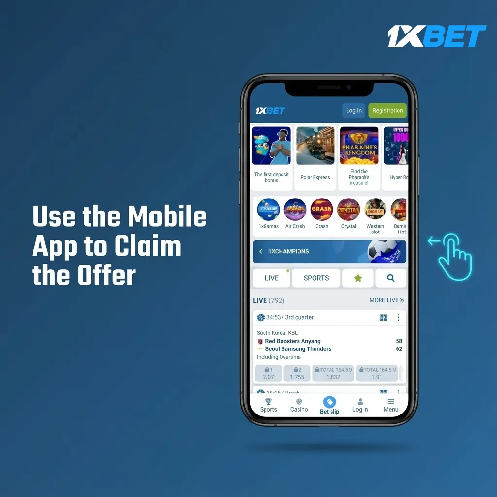 Smartphone showing 1xBet app steps to claim welcome bonus in Bangladesh: download, sign in, deposit 120 BDT, track progress.