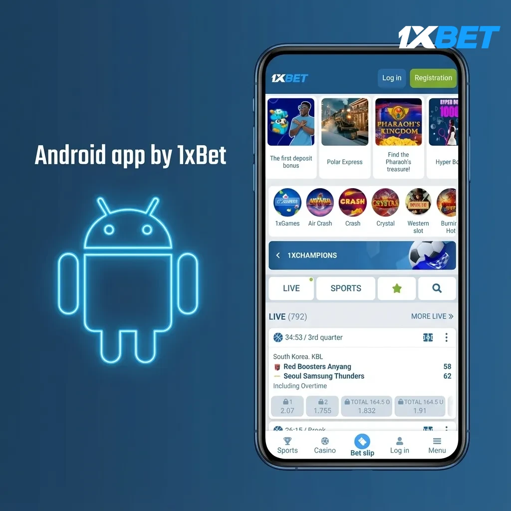 Android phone with 1xBet app, NGN currency set, deposit via Opay, bank card, or transfer; supports Nigeria devices.